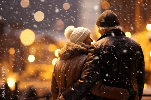 A mature couple sharing a joyful, romantic moment in the winter snowfall, expressing their love and togetherness.