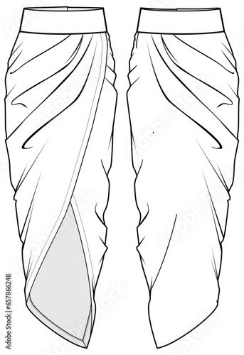 Women Wrap Tulip Skirt flat sketch illustration, womens wrapping maxi skirt fashion technical drawing vector template mock up