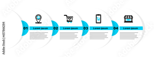 Set line Online shopping, Mobile and cart, Add to Shopping and Location icon. Vector