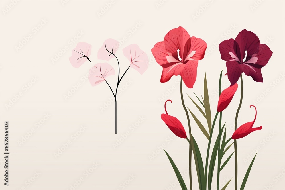 Simple plant-themed valentine card design with amaryllis and pansy flowers. Generative AI