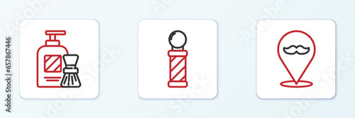 Set line Barbershop, Shaving gel foam and brush and Classic pole icon. Vector