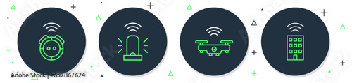 Set line Smart flasher siren, drone, Robot vacuum cleaner and home with wireless icon. Vector