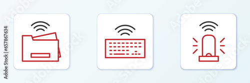 Set line Smart flasher siren, printer and Wireless keyboard icon. Vector