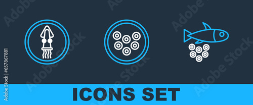 Set line Fish with caviar, Octopus on plate and Caviar icon. Vector