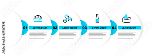 Set line Tin can with caviar, Sauce bottle, Takoyaki and Sushi icon. Vector