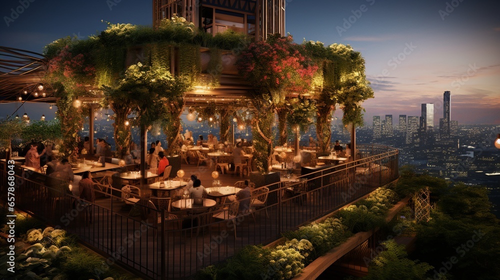 Showcase a picturesque view of a rooftop garden restaurant, with diners enjoying gourmet cuisine amidst lush greenery and panoramic cityscape views