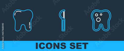 Set line Tooth with caries, and Dental floss icon. Vector