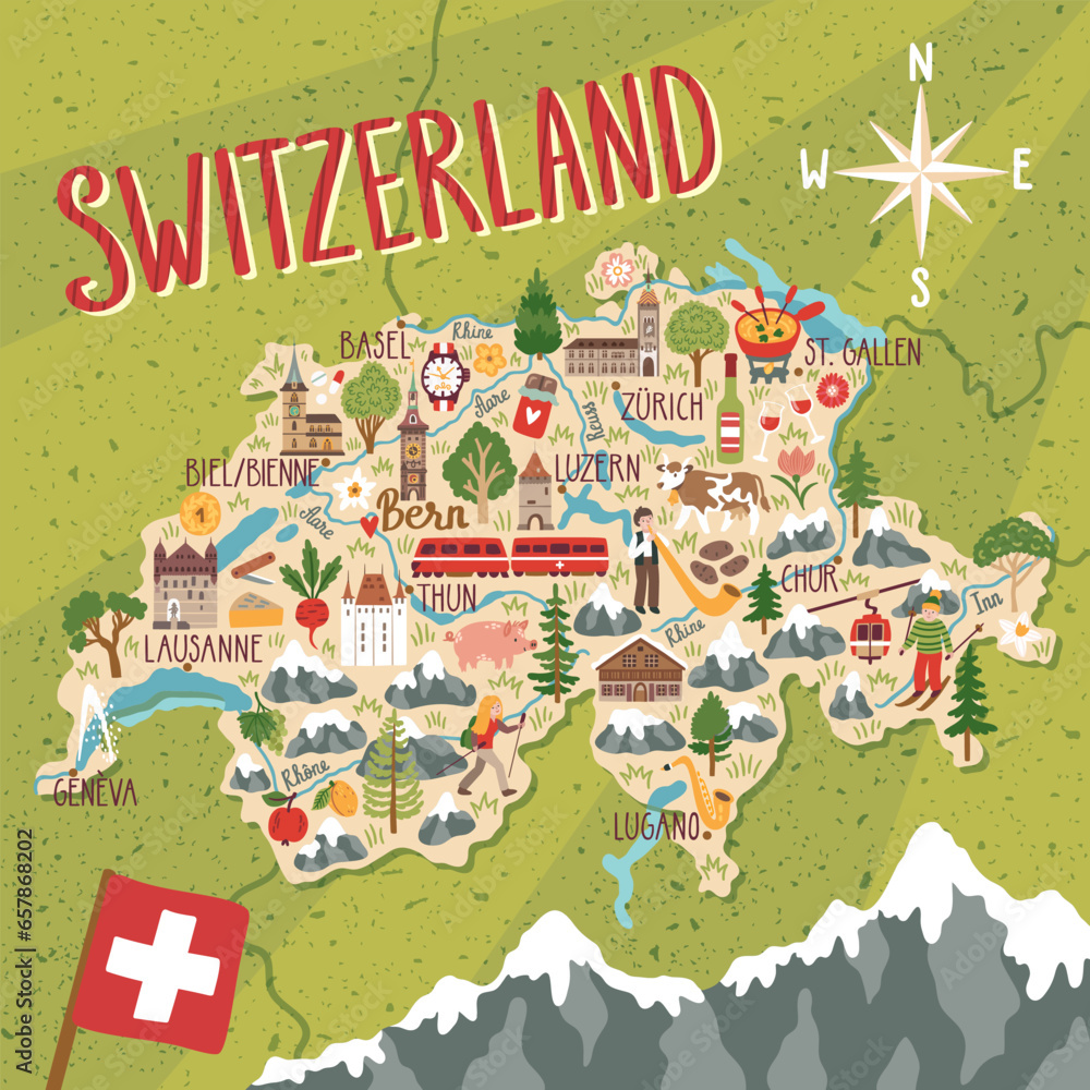 Vector stylized map of Switzerland. Travel illustration with swiss landmarks, nature, people, food and symbols.