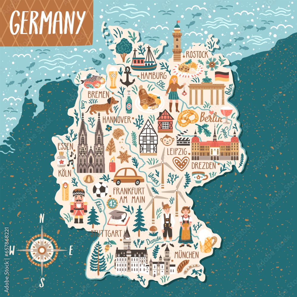 Vector stylized map of Germany. Travel illustration with german landmarks, people, food and animals.