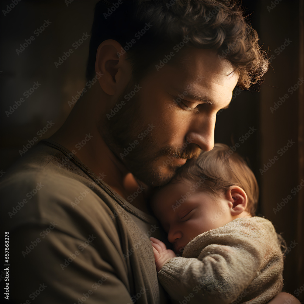 Father holding his baby son. Generative ai. Father holding his baby son. Generative ai.