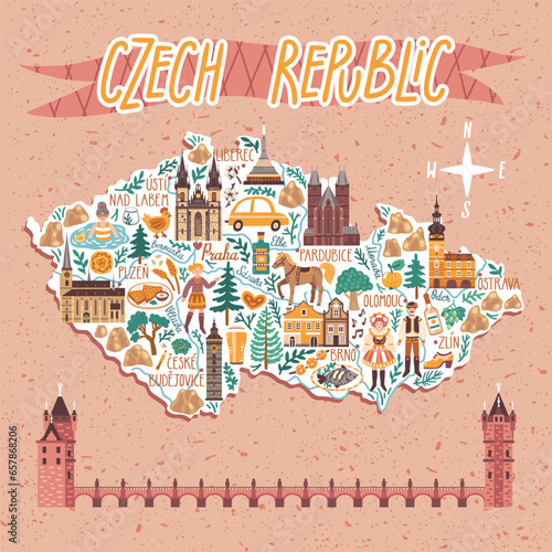 Vector stylized map of Czech Republic. Travel illustration with Czech landmarks, people, food and animals.