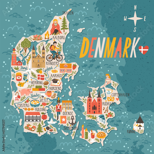 Vector stylized map of Denmark. Travel illustration with danish landmarks, people, food and animals.