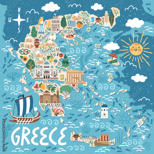 Vector stylized map of Greece. Travel illustration with greek landmarks, building, plants and traditional food.