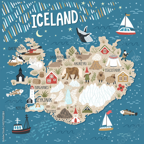 Vector stylized map of Iceland. Travel illustration with Iceland landmarks, people, animals and nature places
