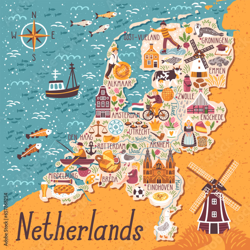 Vector stylized map of Netherlands. Travel illustration with dutch landmarks, people,traditional holland food.