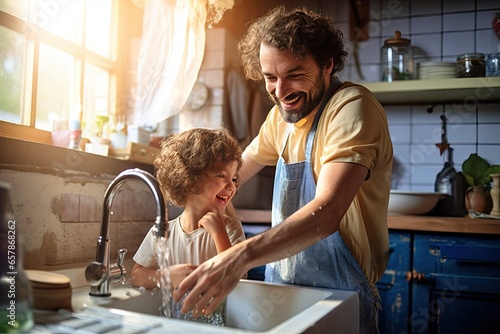 A happy family moment as a father and his child wash their hands together, emphasizing hygiene and togetherness. photo