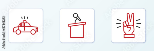 Set line Hand showing two finger, Police car flasher and Stage stand or tribune icon. Vector