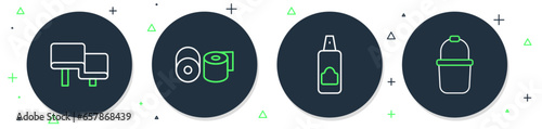 Set line Toilet paper roll, Spray can for hairspray, Sauna wood bench and bucket icon. Vector