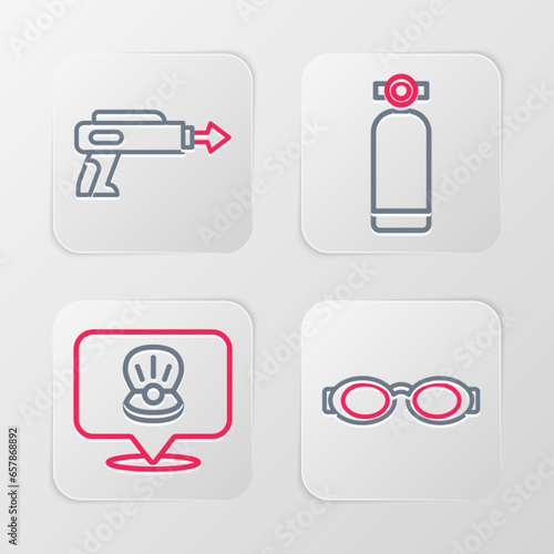 Set line Glasses for swimming, Scallop sea shell, Aqualung and Fishing harpoon icon. Vector