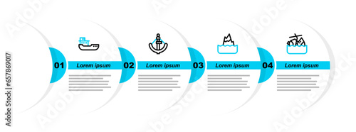 Set line Sinking cruise ship, Iceberg, Anchor and Cargo icon. Vector