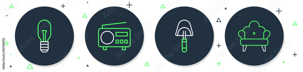 Set line Radio, Spatula, Light bulb and Sofa icon. Vector Set line Radio, Spatula, Light bulb and Sofa icon. Vector