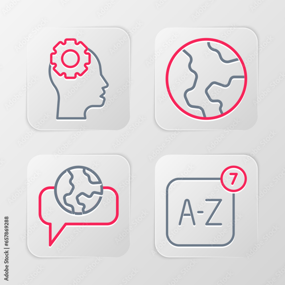 Set line Online translator, Learning foreign languages, Earth globe and Head with gear inside icon. Vector Set line Online translator, Learning foreign languages, Earth globe and Head with gear inside icon. Vector
