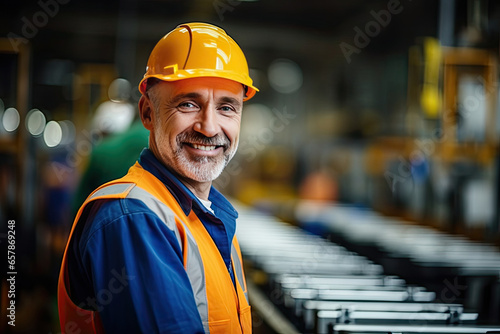 smiling engineer in a white hardhat thrives in the industrial setting, ensuring safety and success. © Andrii Zastrozhnov