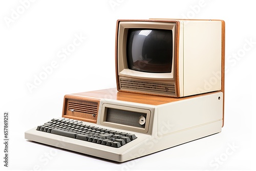 The vintage, an iconic 1980s computer, with its classic design and floppy diskette drive, represents a piece of technology history in the workplace