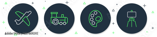 Set line Toy train, Palette, plane and Wood easel icon. Vector