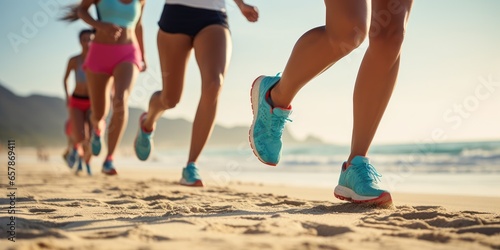 Group of people running in sand beach. Generative AI