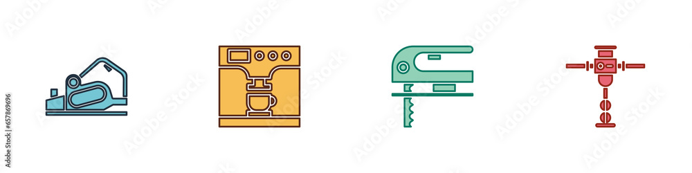 Set Electric planer tool, Coffee machine and cup, jigsaw and Construction jackhammer icon. Vector - obrazy, fototapety, plakaty 