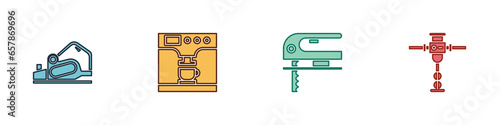 Set Electric planer tool, Coffee machine and cup, jigsaw and Construction jackhammer icon. Vector