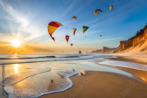 Tableau sur toile A group of beachgoers flying colorful kites in the clear blue sky above the sandy shore