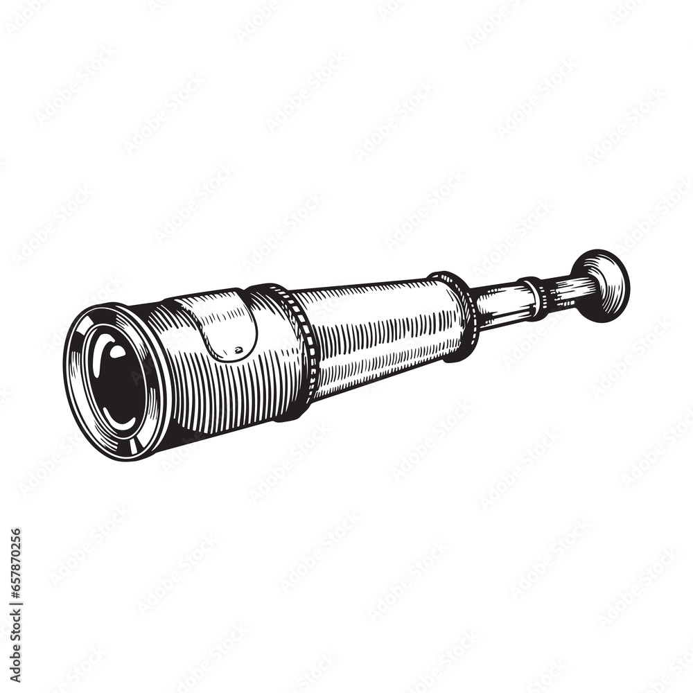 Spyglass telescope lens in sketch hand drawn style. Vector black