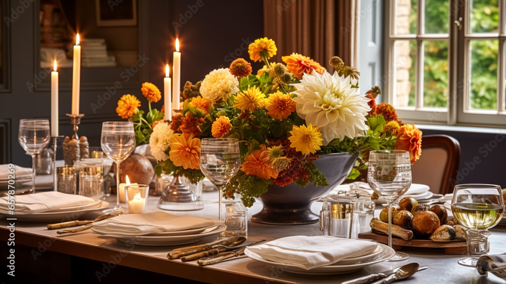 Dining room decor, interior design and autumn holiday celebration, elegant autumnal table decoration with candles and flowers, home decor and country cottage style Dining room decor, interior design and autumn holiday celebration, elegant autumnal table decoration with candles and flowers, home decor and country cottage style