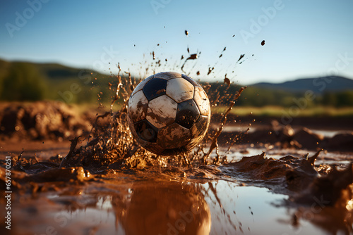 Soccer ball at mud football terrain. © mitarart