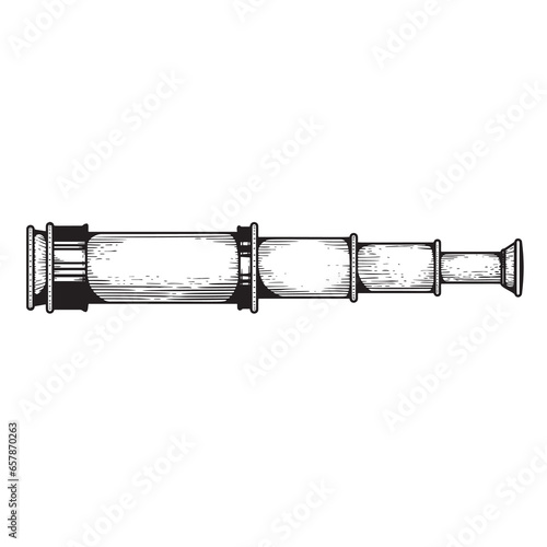 Spyglass telescope lens in sketch hand drawn style. Vector black vintage engraving illustration. Best for nautical and science designs.