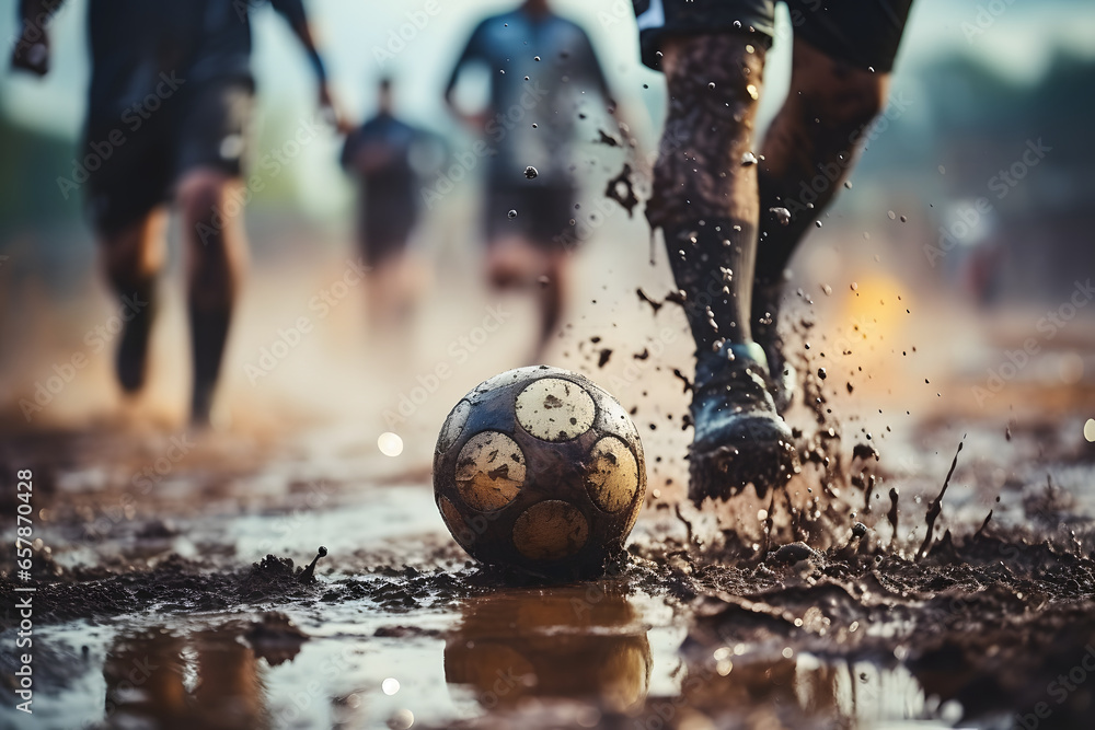  Soccer players legs shooting ball at muddy football field at stadium. - obrazy, fototapety, plakaty 