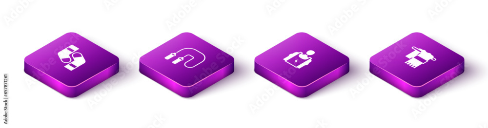 Set Isometric Socks, Jump rope, Bodybuilder and Towel on hanger icon. Vector Set Isometric Socks, Jump rope, Bodybuilder and Towel on hanger icon. Vector