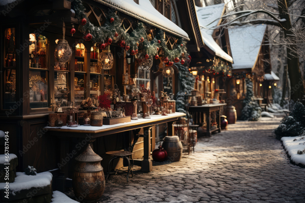 A charming Christmas market with wooden stalls, selling handmade ornaments, crafts, and seasonal treats. Generative Ai.