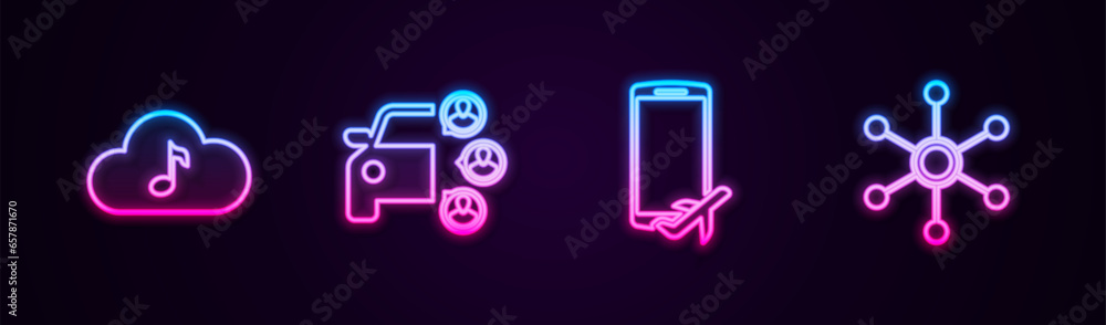 Set line Music streaming service, Car sharing, Flight mode the mobile and Network. Glowing neon icon. Vector Set line Music streaming service, Car sharing, Flight mode the mobile and Network. Glowing neon icon. Vector