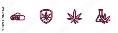 Set line Medical pills with marijuana, Marijuana or cannabis leaf, Shield and and Test tube icon. Vector
