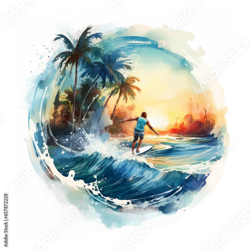 Man surfing watercolor hand painted vector ilustration