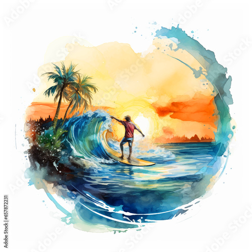 Man surfing watercolor hand painted ilustration