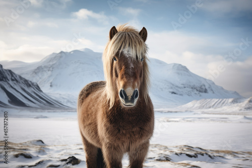 Icelandic horse with a snowy mountain backdrop