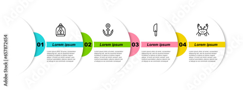Set line Camping lantern, Anchor, Knife and Crab. Business infographic template. Vector