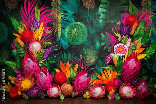 Colorful tropical dragon fruit backdrop adorned with vibrant leaves and intricate patterns. Generative AI