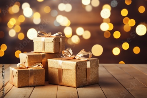 gift box gold ribbon valentine or christmas or anniversary celebration surprise background GENERATIVE AI