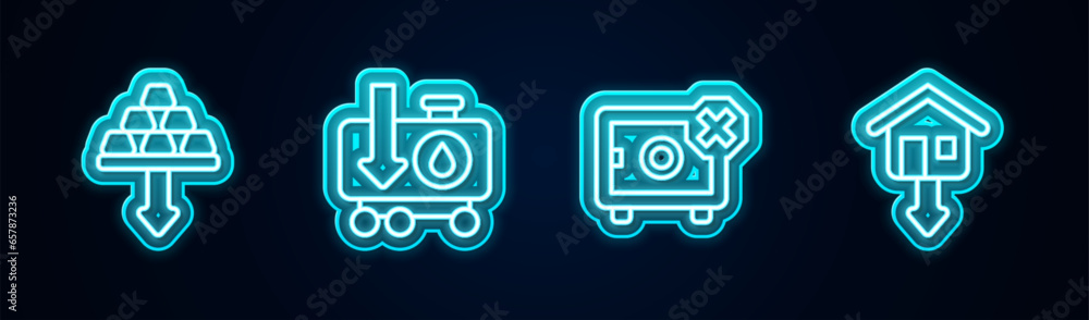 Set line Gold bars, Drop in crude oil price, Safe and Falling property prices. Glowing neon icon. Vector Set line Gold bars, Drop in crude oil price, Safe and Falling property prices. Glowing neon icon. Vector