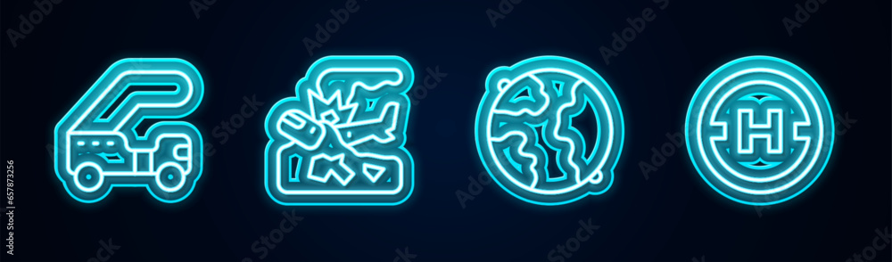 Set line Passenger ladder, Plane crash, Worldwide and Helicopter landing pad. Glowing neon icon. Vector Set line Passenger ladder, Plane crash, Worldwide and Helicopter landing pad. Glowing neon icon. Vector